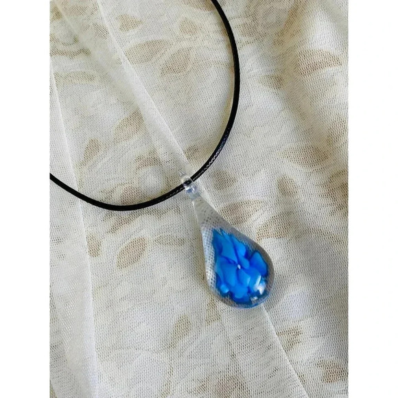 Women's Fashion TearDrop Blue Floral Design Murano Pendant Charm Cord Necklace - Picture 2 of 4